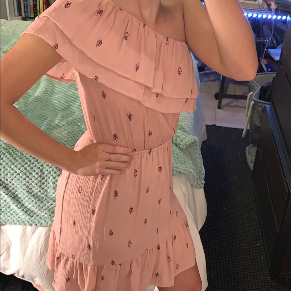 One shoulder light pink dress with purple detail